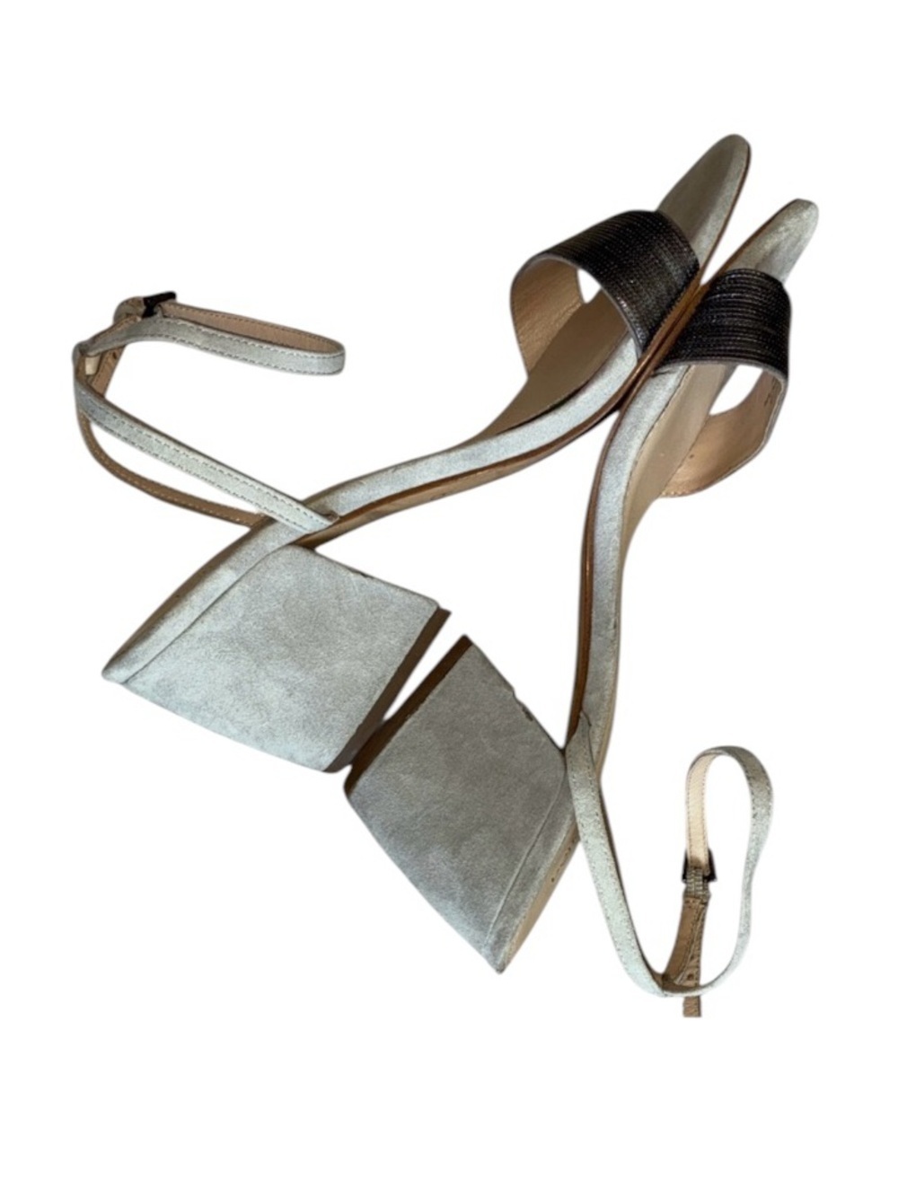 Botkier Sandals women's 9, Grey Suede, Silver Band, Ankle-Strap, Block Heel euc